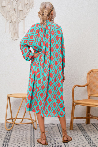CLEARANCE Blue Western Geometric Print Split Buttoned Shirt Dress