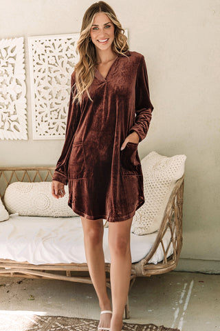 ***clearance *** Coffee Collared V Neck Two Pockets Shift Velvet Dress