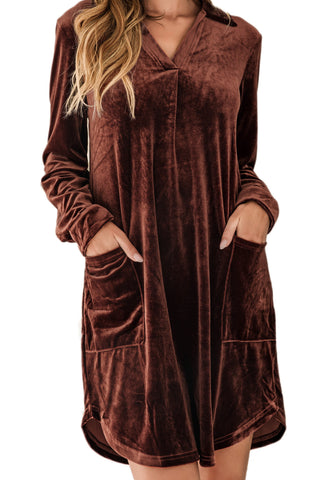 ***clearance *** Coffee Collared V Neck Two Pockets Shift Velvet Dress