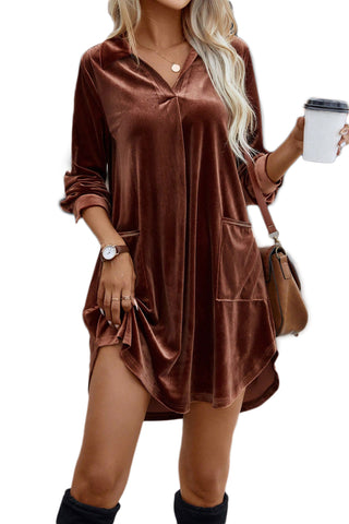 ***clearance *** Coffee Collared V Neck Two Pockets Shift Velvet Dress