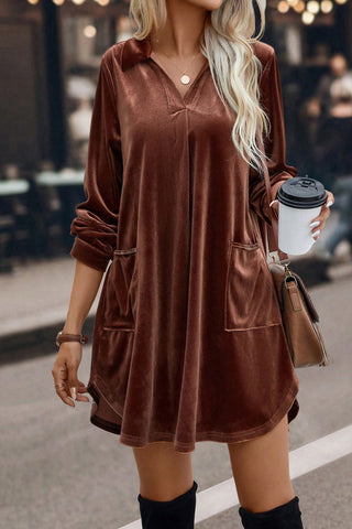 ***clearance *** Coffee Collared V Neck Two Pockets Shift Velvet Dress