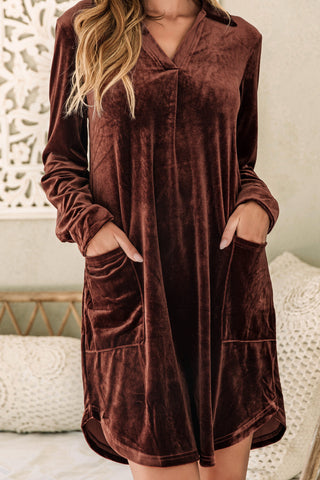***clearance *** Coffee Collared V Neck Two Pockets Shift Velvet Dress