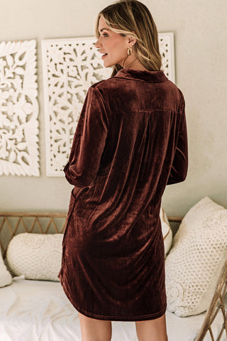 ***clearance *** Coffee Collared V Neck Two Pockets Shift Velvet Dress