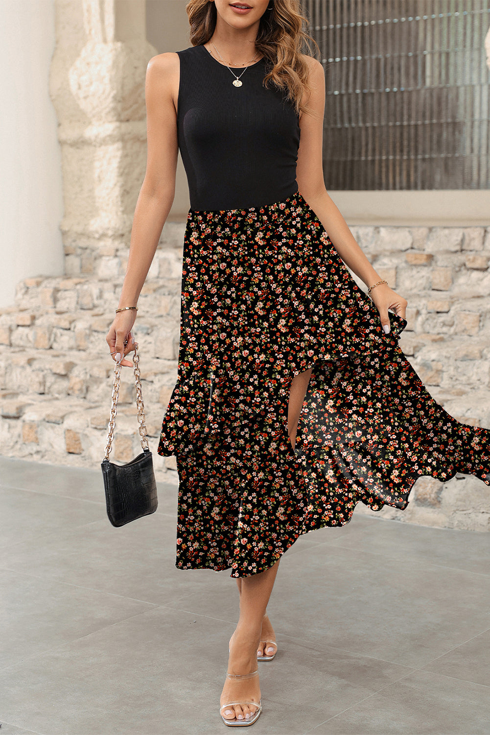 Black Floral Patchwork Asymmetric Ruffle Skirt Solid Tank Bodice Cocktail Dress
