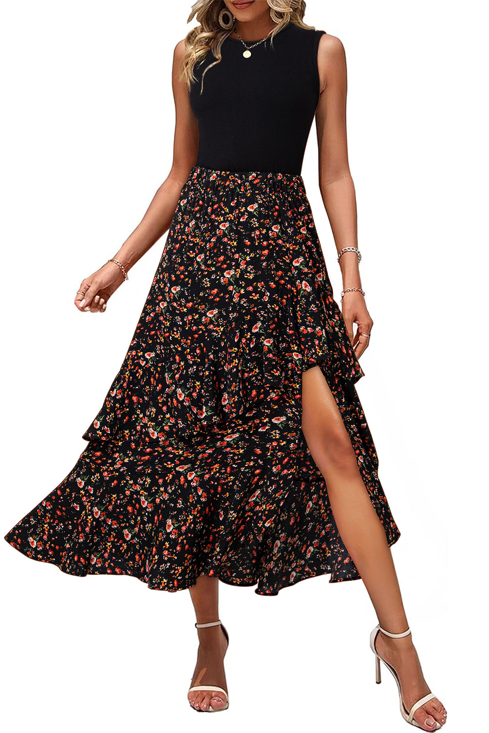 Black Floral Patchwork Asymmetric Ruffle Skirt Solid Tank Bodice Cocktail Dress