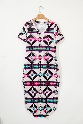 Beige Western Aztec Printed Long T-shirt Dress