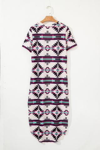 Beige Western Aztec Printed Long T-shirt Dress