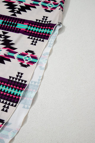 Beige Western Aztec Printed Long T-shirt Dress