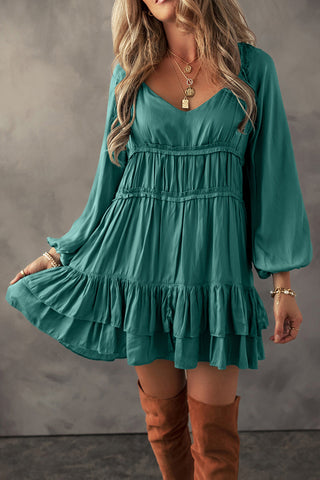 ***CLEARANCE**** Mist Green Tiered Ruffled Puff Sleeve Loose Fit Mini Dress