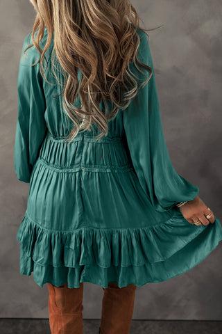 ***CLEARANCE**** Mist Green Tiered Ruffled Puff Sleeve Loose Fit Mini Dress