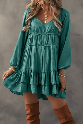 ***CLEARANCE**** Mist Green Tiered Ruffled Puff Sleeve Loose Fit Mini Dress