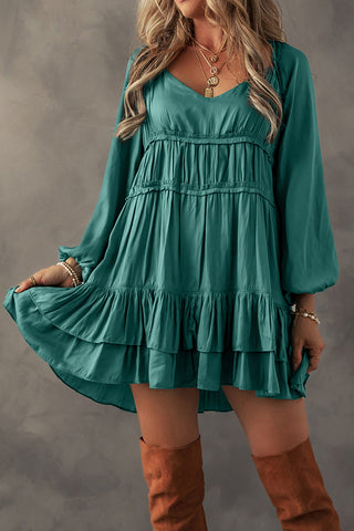 ***CLEARANCE**** Mist Green Tiered Ruffled Puff Sleeve Loose Fit Mini Dress