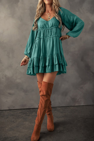 ***CLEARANCE**** Mist Green Tiered Ruffled Puff Sleeve Loose Fit Mini Dress