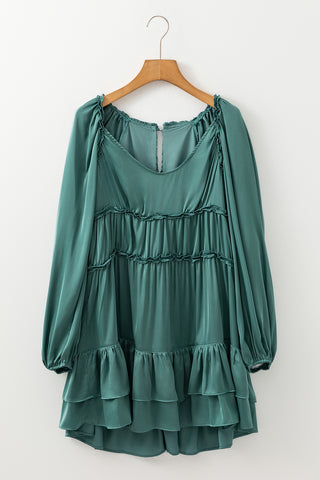***CLEARANCE**** Mist Green Tiered Ruffled Puff Sleeve Loose Fit Mini Dress