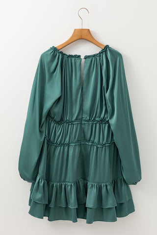 ***CLEARANCE**** Mist Green Tiered Ruffled Puff Sleeve Loose Fit Mini Dress