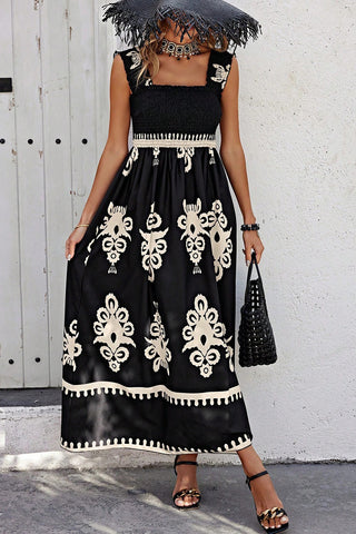 Apricot Boho Print Smocked Ruffle Sleeveless Maxi Dress