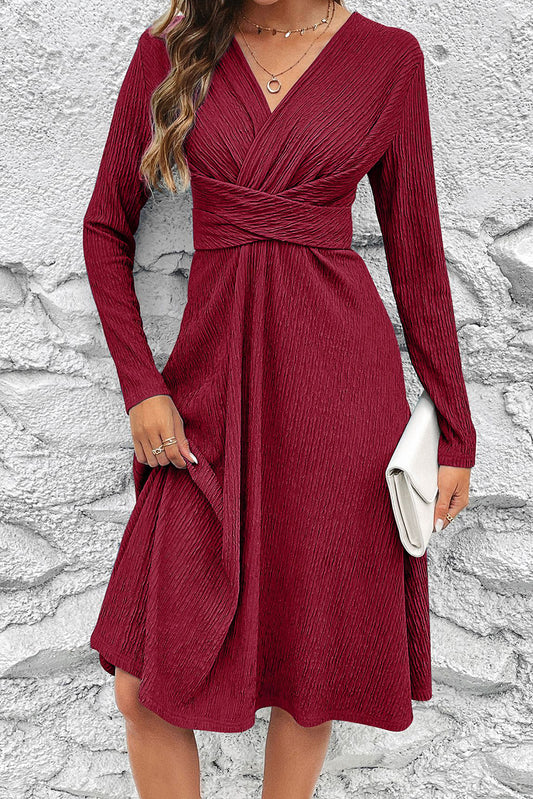 Burgundy Cross Wrap Long Sleeve Textured Dress HOLIDAY CHRISTMAS