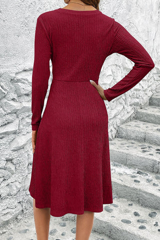 Red Cross Wrap Long Sleeve Textured Dress