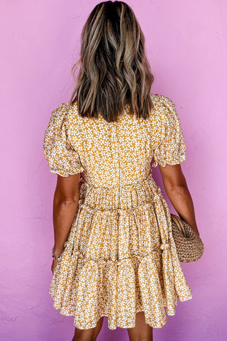 Yellow Floral Short Sleeve V Neck Frill Tiered Mini Dress