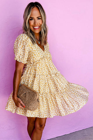 Yellow Floral Short Sleeve V Neck Frill Tiered Mini Dress