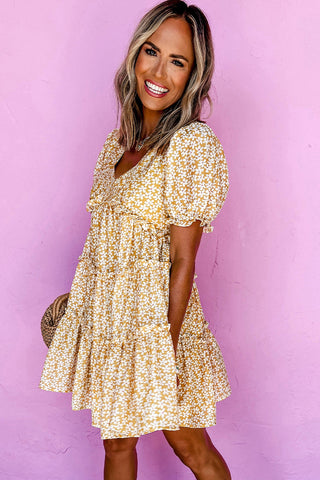 Yellow Floral Short Sleeve V Neck Frill Tiered Mini Dress