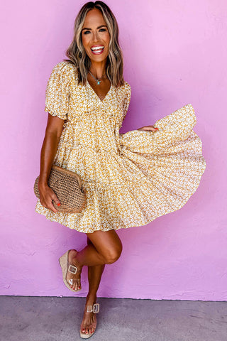 Yellow Floral Short Sleeve V Neck Frill Tiered Mini Dress