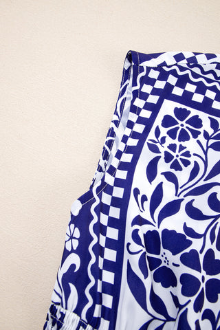 Dirty Blue Floral Print Smocked Waist Sleeveless Dress