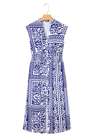 Dirty Blue Floral Print Smocked Waist Sleeveless Dress