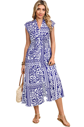 Dirty Blue Floral Print Smocked Waist Sleeveless Dress