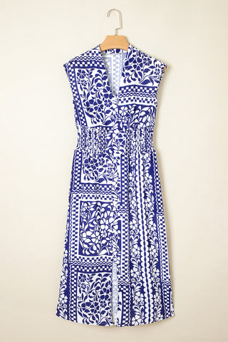 Dirty Blue Floral Print Smocked Waist Sleeveless Dress