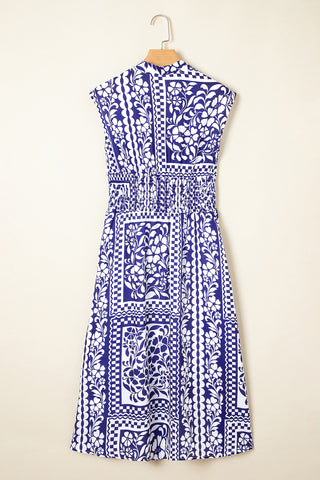 Dirty Blue Floral Print Smocked Waist Sleeveless Dress