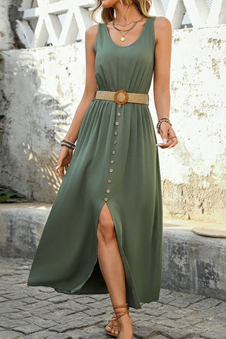 Mist Green Split Sleeveless Round Neck Belted Midi Dress