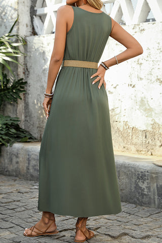 Mist Green Split Sleeveless Round Neck Belted Midi Dress