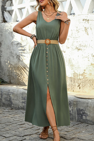 Mist Green Split Sleeveless Round Neck Belted Midi Dress
