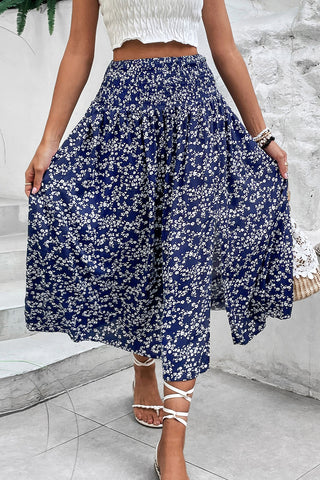 Navy Blue Floral Print Side Split Long Skirt