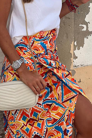 Yellow Geometric Abstract Print Slit High Waist Maxi Skirt