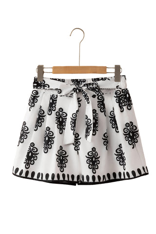 Black Tribal Geometric Print Belted High Waist Casual Shorts