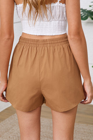 Khaki Embroidered Tassel Tie Elastic Waist Shorts