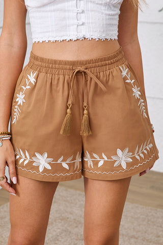 Khaki Embroidered Tassel Tie Elastic Waist Shorts