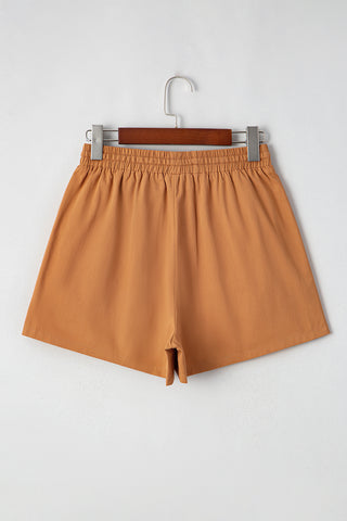 Khaki Embroidered Tassel Tie Elastic Waist Shorts