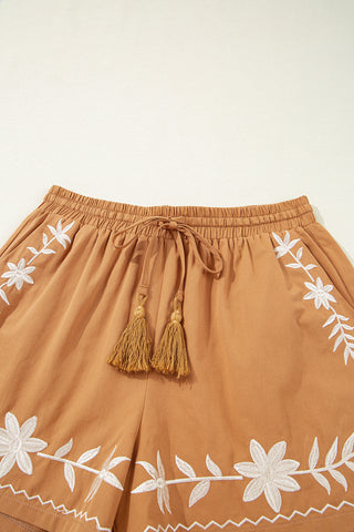 Khaki Embroidered Tassel Tie Elastic Waist Shorts