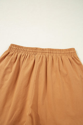 Khaki Embroidered Tassel Tie Elastic Waist Shorts
