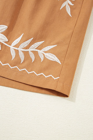 Khaki Embroidered Tassel Tie Elastic Waist Shorts