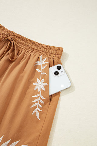 Khaki Embroidered Tassel Tie Elastic Waist Shorts