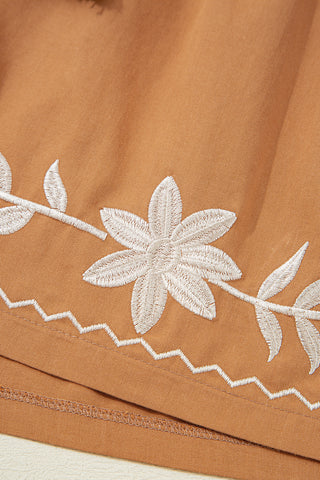 Khaki Embroidered Tassel Tie Elastic Waist Shorts