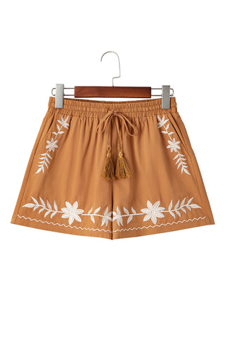 Khaki Embroidered Tassel Tie Elastic Waist Shorts
