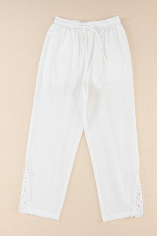 White Lace Splicing Drawstring Casual Cotton Pants