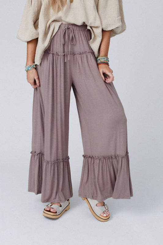 Frilled Drawstring High Waist Wide Leg Pants in light pink or black