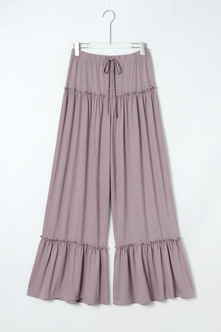 Frilled Drawstring High Waist Wide Leg Pants in light pink or black