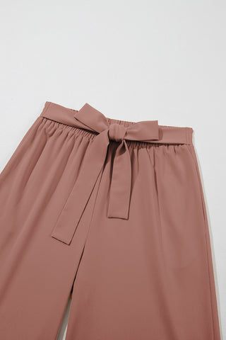 High Waisted Tie Front Side Pocket Wide Leg Flowy Casual Pants